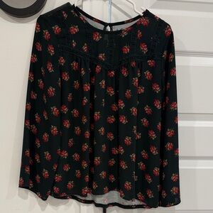 LOFT Black Blouse with Red Floral Design